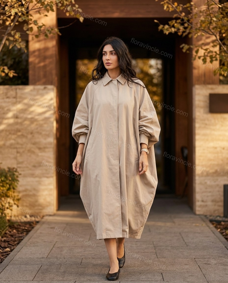 Beige Coat, walking lifestyle view, by Floravincie