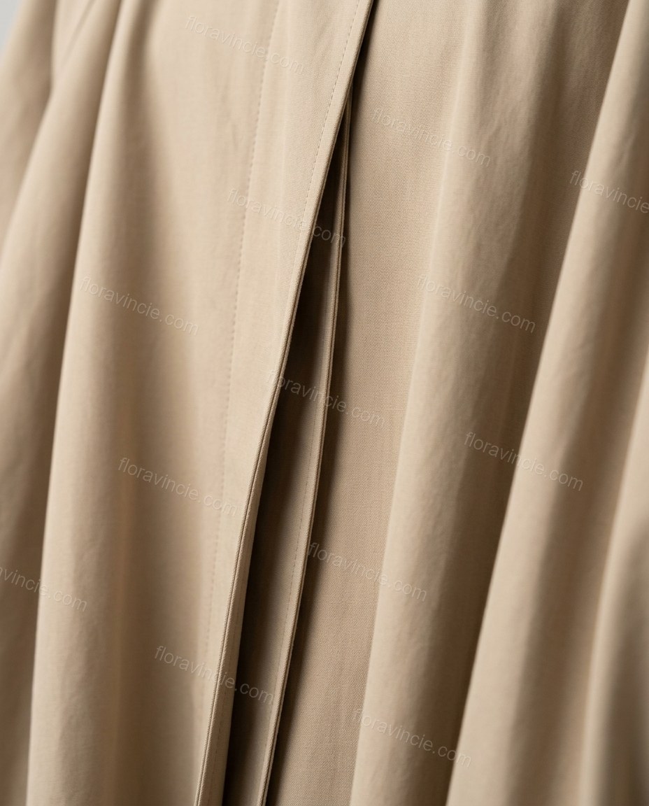 Beige Coat, close-up of gathered cuffs, draped front panels and high standing collar, by Floravincie