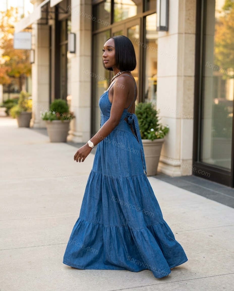 Blue Maxi Tiered Denim Dress, walking lifestyle view, by Floravincie
