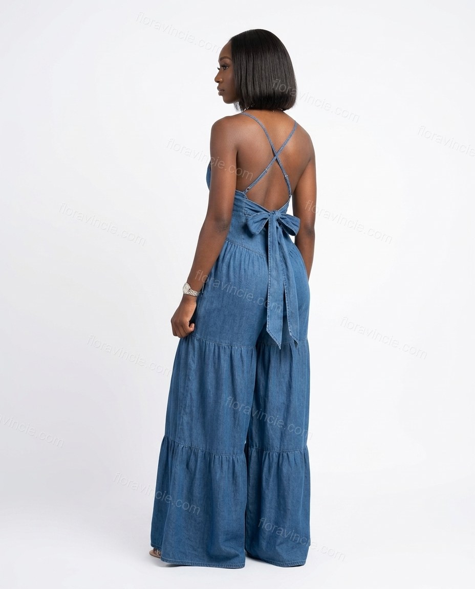 Blue Maxi Tiered Denim Dress, back studio view, by Floravincie