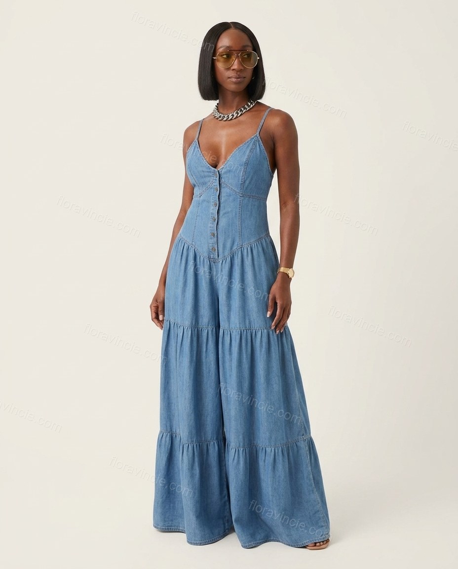 Blue Maxi Tiered Denim Dress, front studio view, by Floravincie