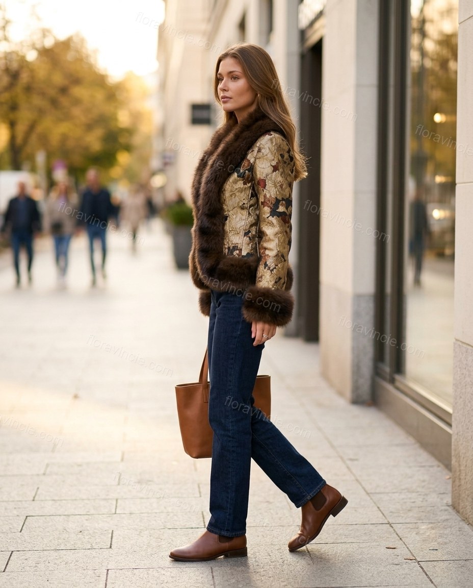 Gold Floral Faux-Fur Satin Jacket, alternate use-case lifestyle view, by Floravincie
