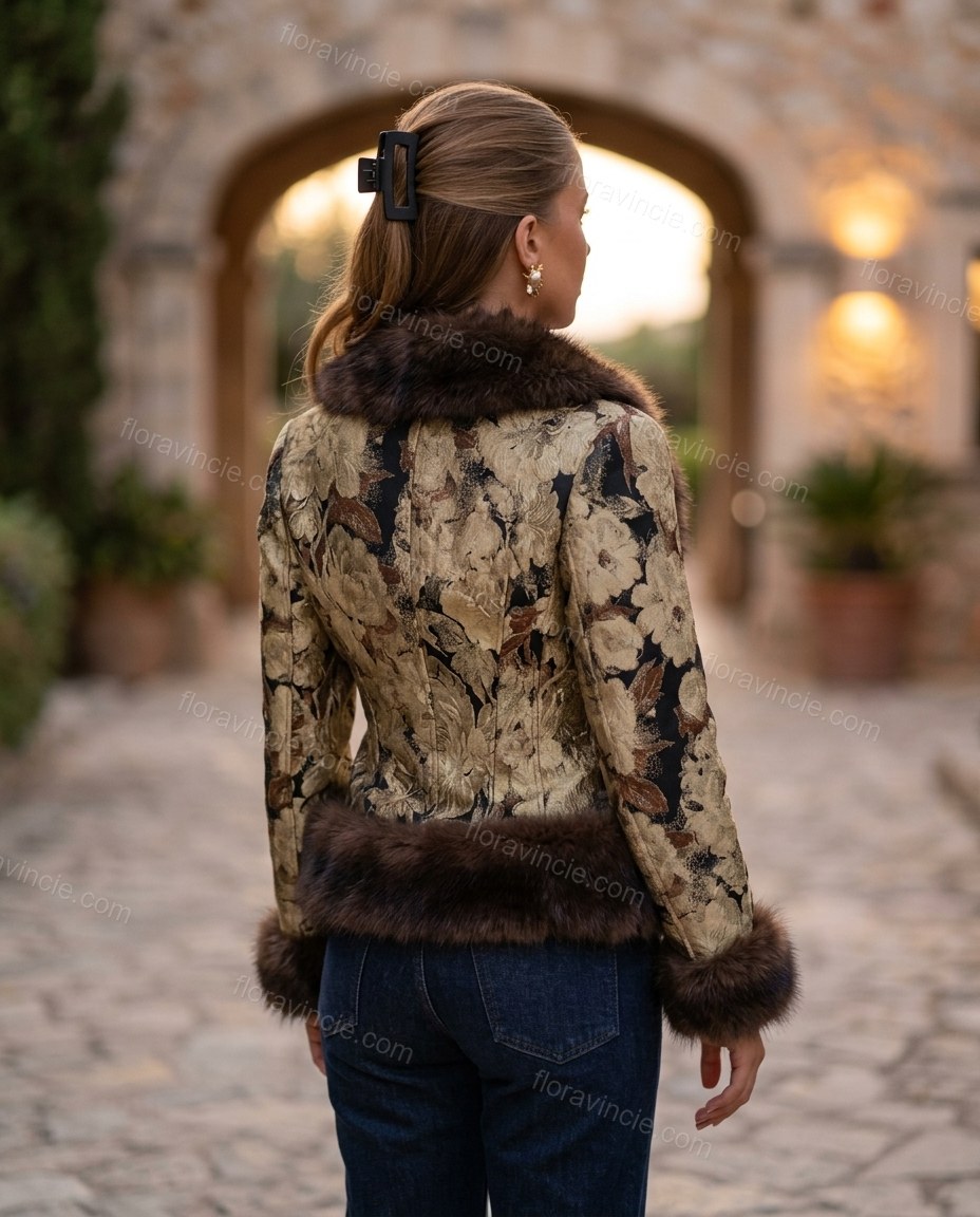Gold Floral Faux-Fur Satin Jacket, movement and fit lifestyle view, by Floravincie