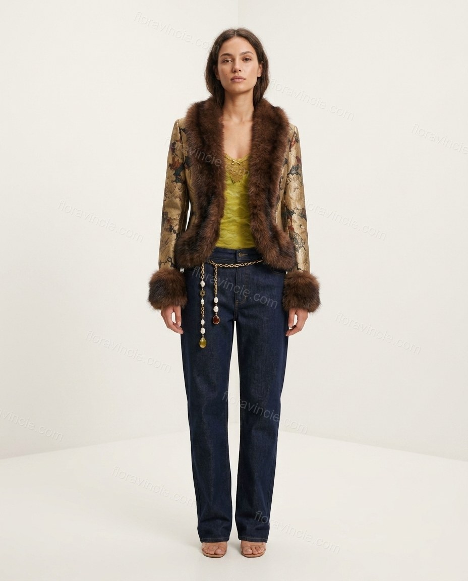 Gold Floral Faux-Fur Satin Jacket, front studio view, by Floravincie