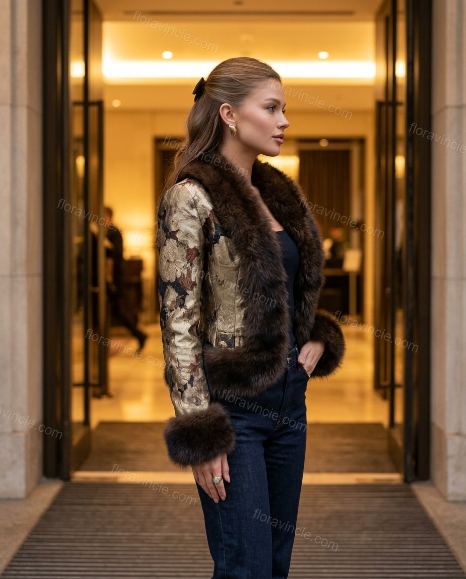 Gold Floral Faux-Fur Satin Jacket, walking lifestyle view, by Floravincie