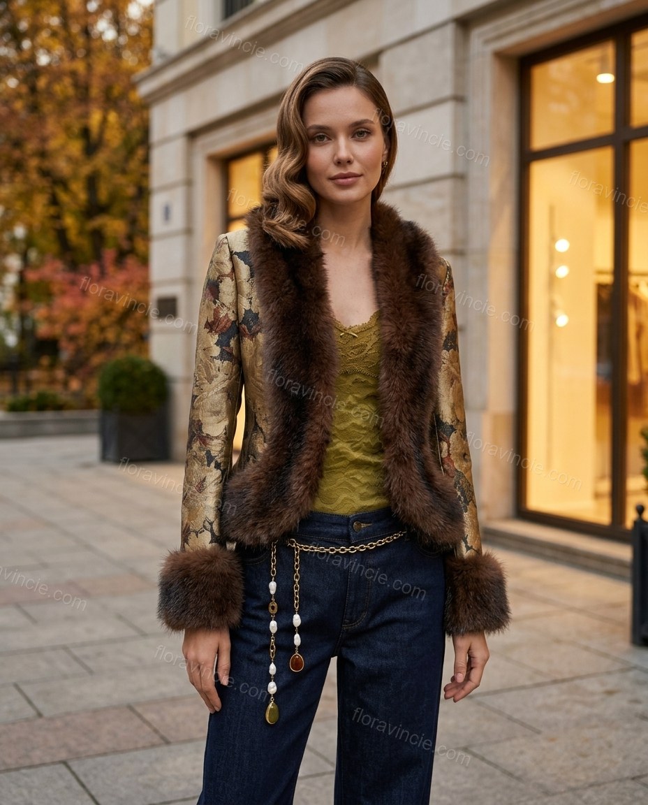 Gold Floral Faux-Fur Satin Jacket, three-quarter brand lifestyle view, by Floravincie