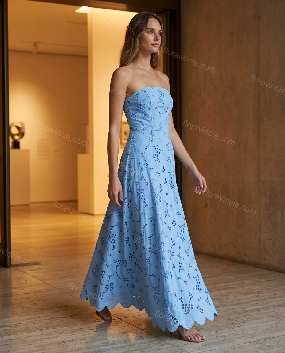 Light Blue Floral Midi Strapless Dress, alternate use-case lifestyle view, by Floravincie