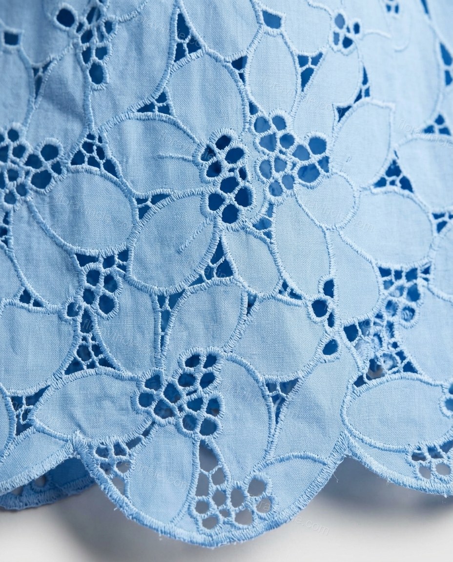 Light Blue Floral Midi Strapless Dress, close-up of floral, eyelet cutwork and scalloped hem, by Floravincie