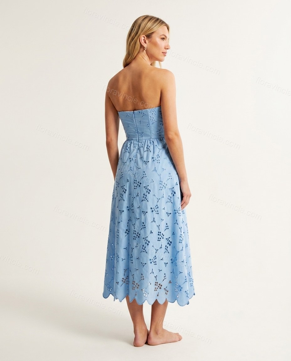 Light Blue Floral Midi Strapless Dress, back studio view showing straight back with zipper closure, by Floravincie