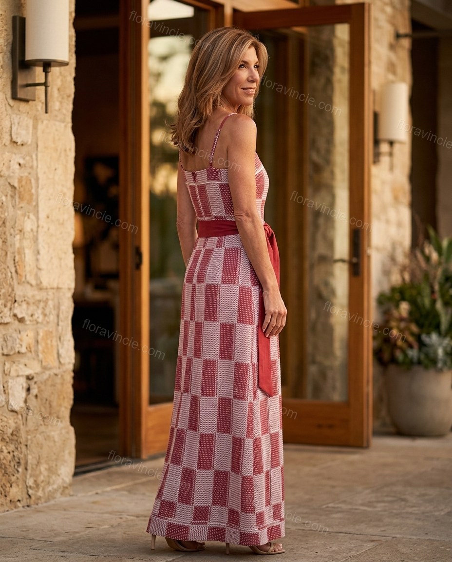 Red Maxi Dress, movement and fit lifestyle view, by Floravincie
