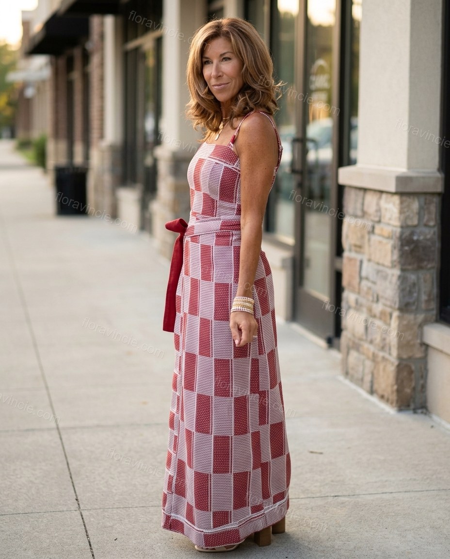 Red Maxi Dress, three-quarter brand lifestyle view, by Floravincie