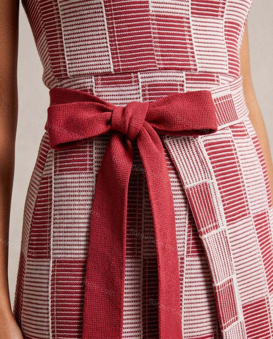 Red Maxi Dress, close-up of white accents, waist tie and decorative shoulder strap hardware, by Floravincie