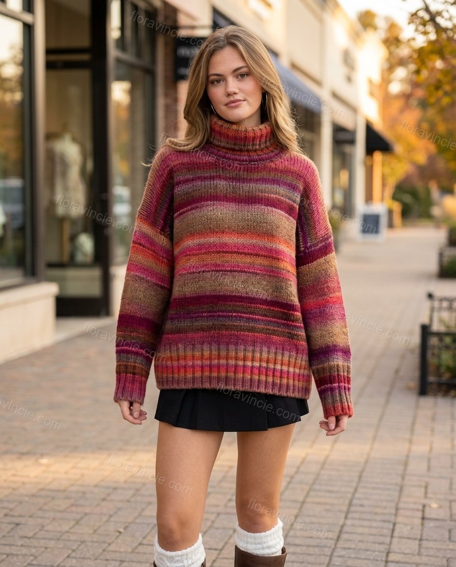 Multi-Color Striped Knit Ribbed Two-Piece Set, three-quarter brand lifestyle view, by Floravincie