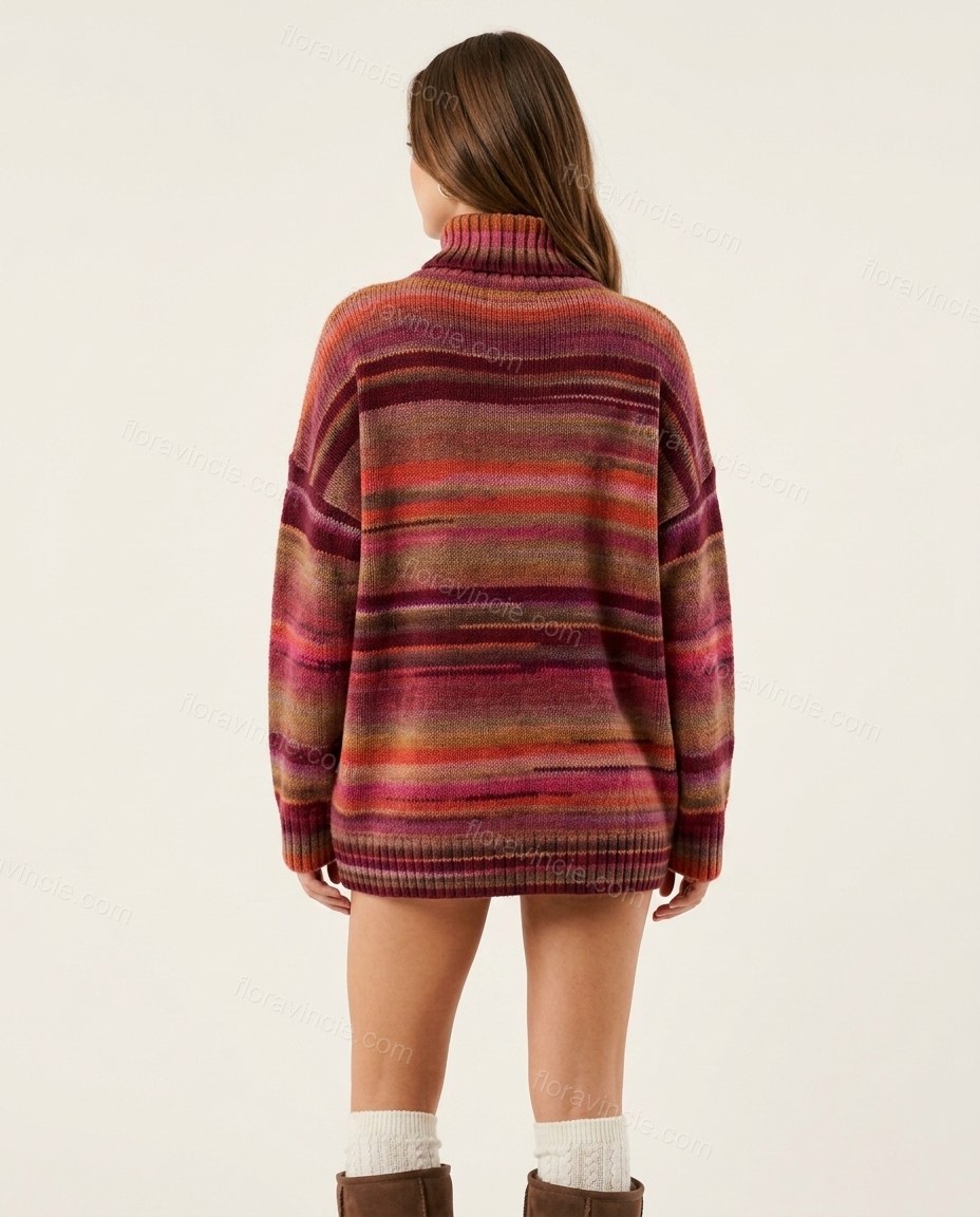 Multi-Color Striped Knit Ribbed Two-Piece Set, back studio view showing plain knit back, by Floravincie