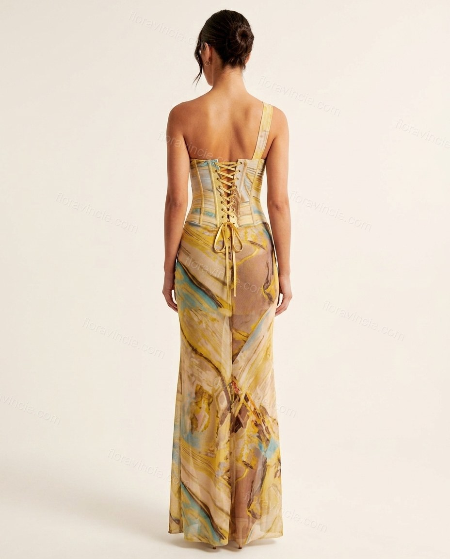 Yellow Abstract Asymmetric Lace Dress, back studio view showing lace-up corset back with visible ribbon lacing, by Floravincie