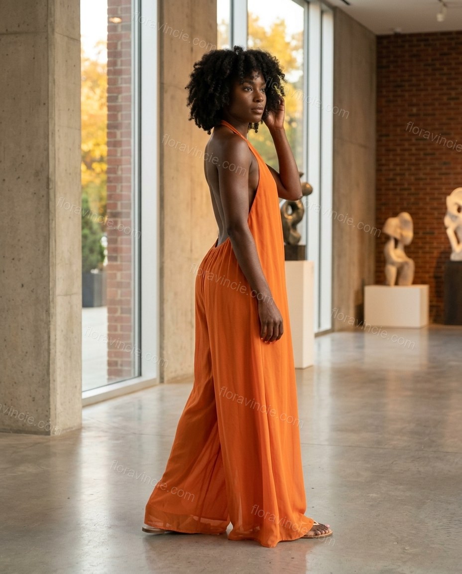 Orange Open-Back Halter Chiffon Jumpsuit, three-quarter brand lifestyle view, by Floravincie