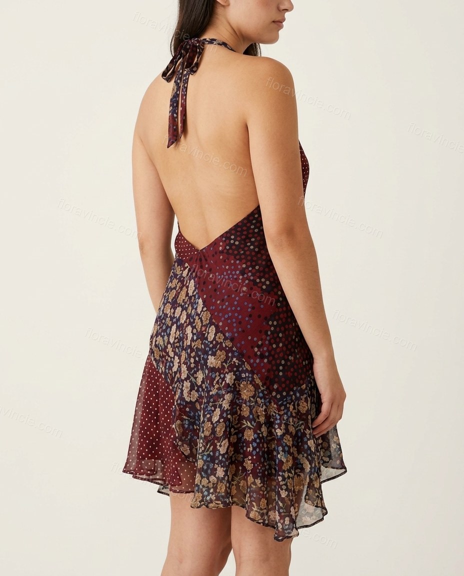 Maroon Floral Mini Open-Back Dress, back studio view showing open back design with halter tie at the nape of the neck, by Floravincie