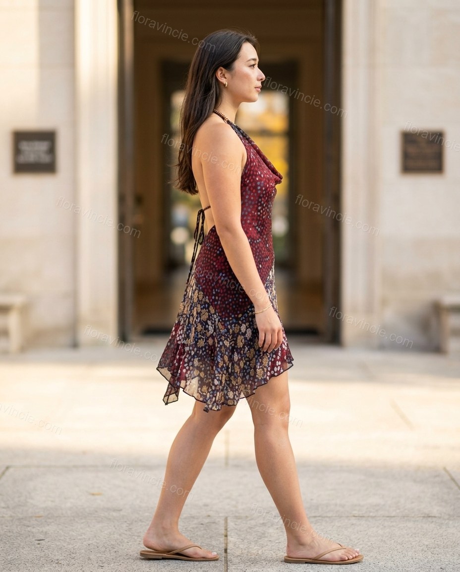Maroon Floral Mini Open-Back Dress, walking lifestyle view, by Floravincie
