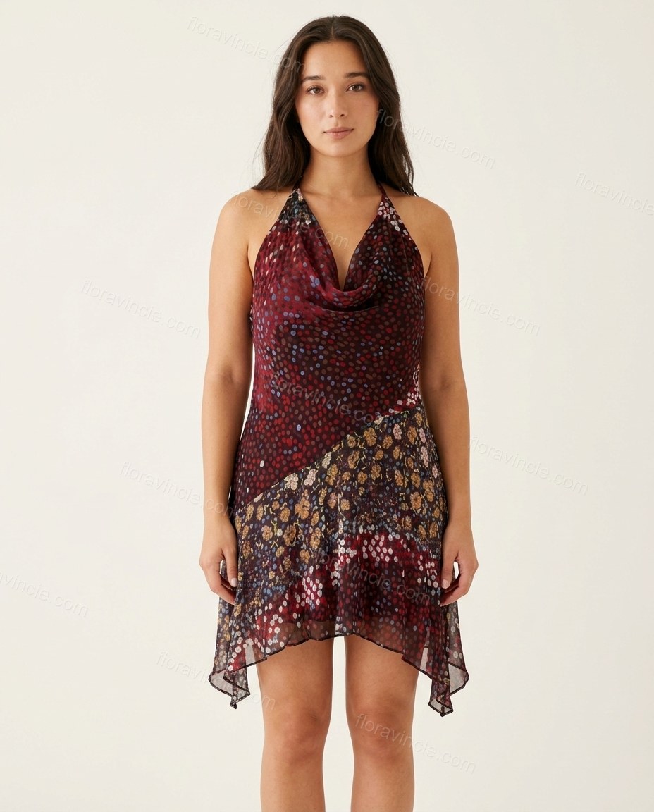 Maroon Floral Mini Open-Back Dress, front studio view, by Floravincie