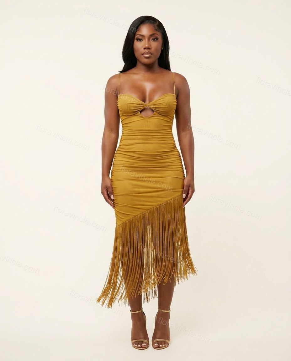 Gold Midi Fringe Dress, front studio view, by Floravincie