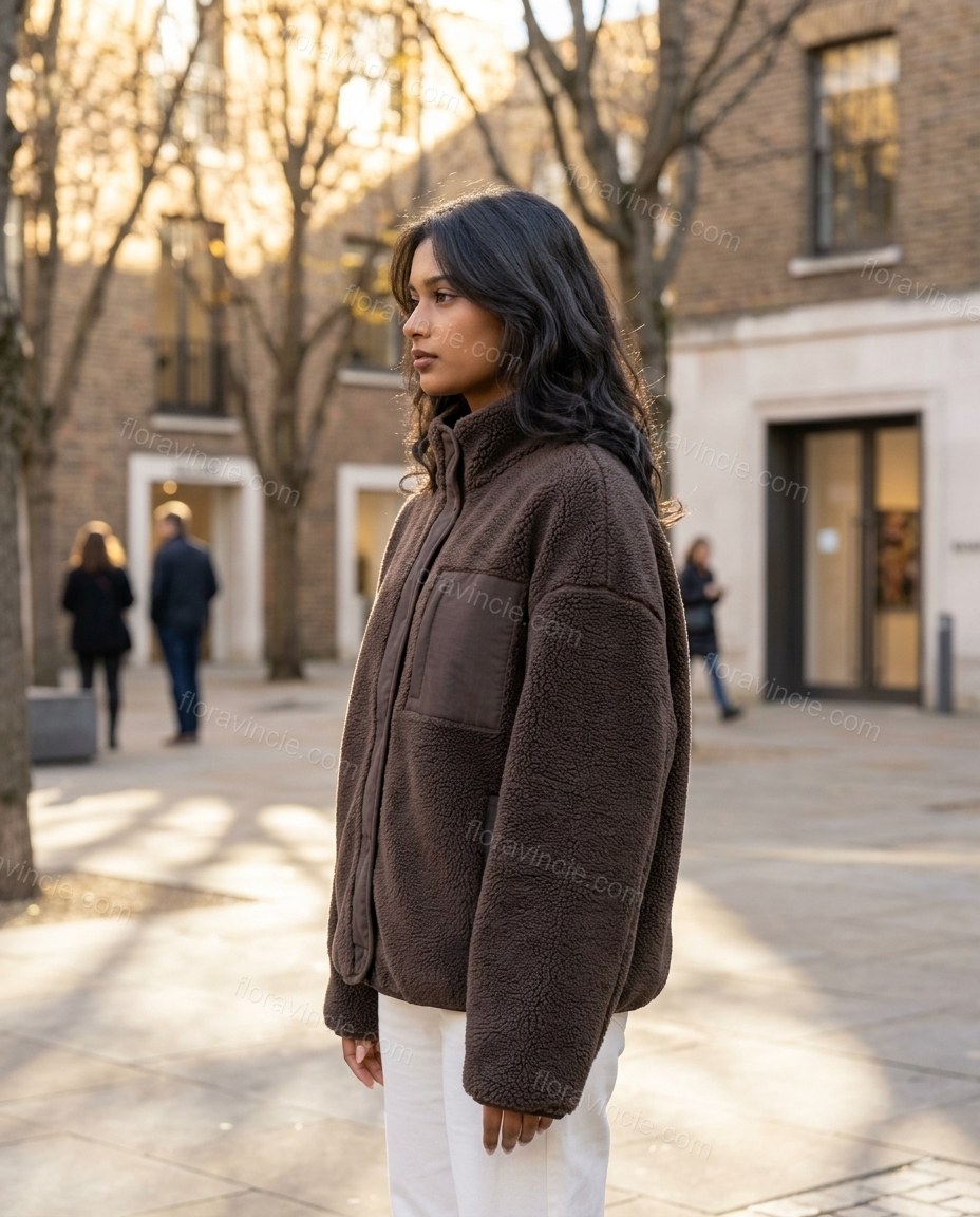 Brown Jacket, walking lifestyle view, by Floravincie