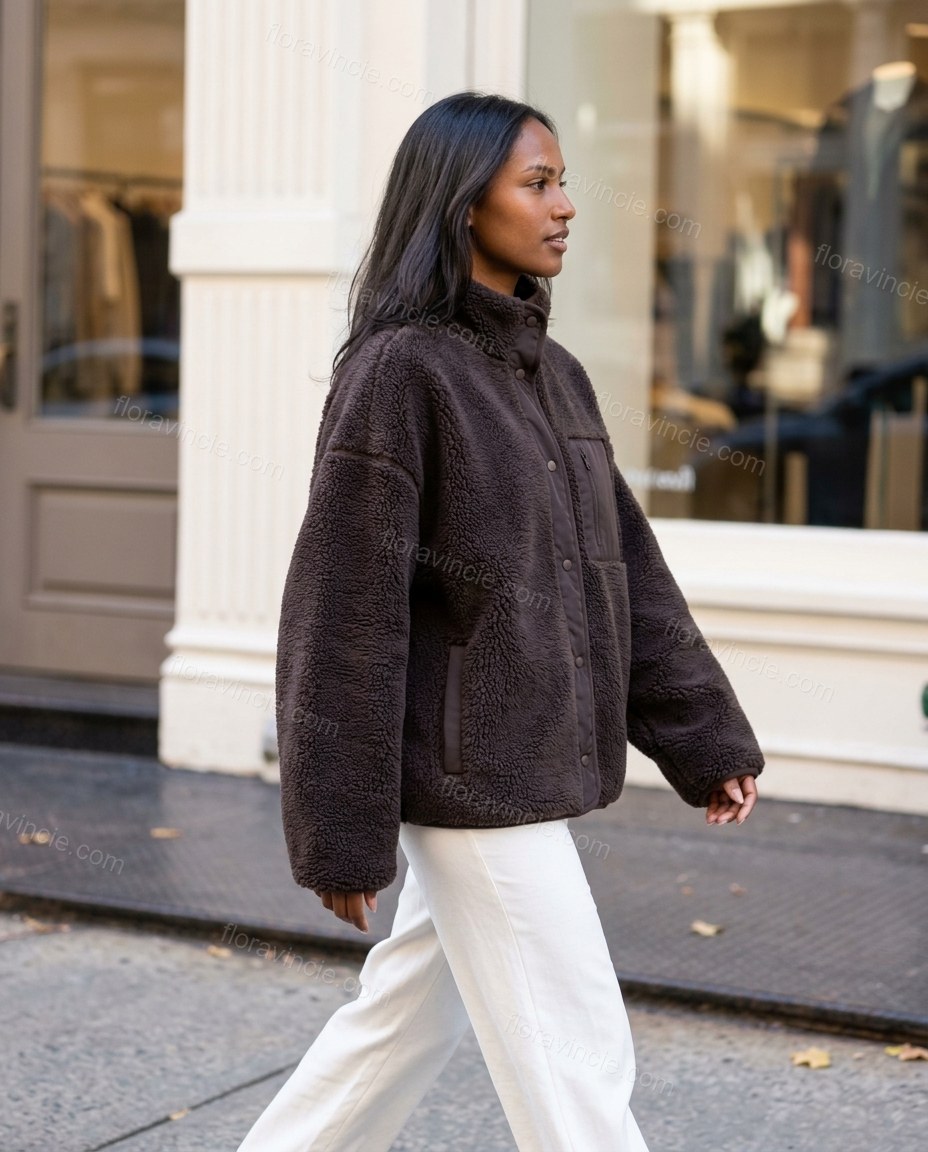 Brown Jacket, movement and fit lifestyle view, by Floravincie