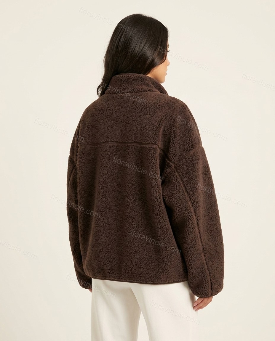 Brown Jacket, back studio view showing horizontal back yoke seam, by Floravincie