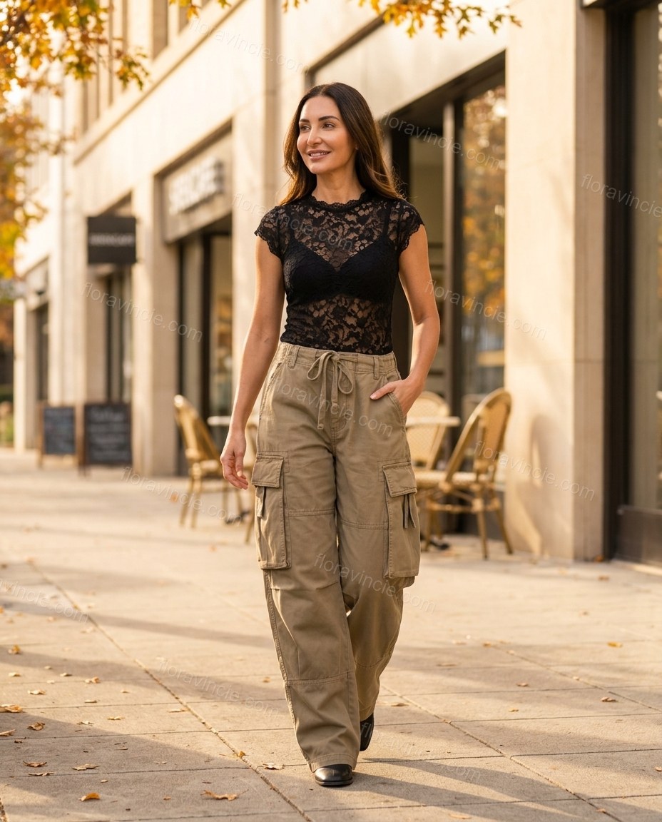 Khaki Cotton Pants, walking lifestyle view, by Floravincie