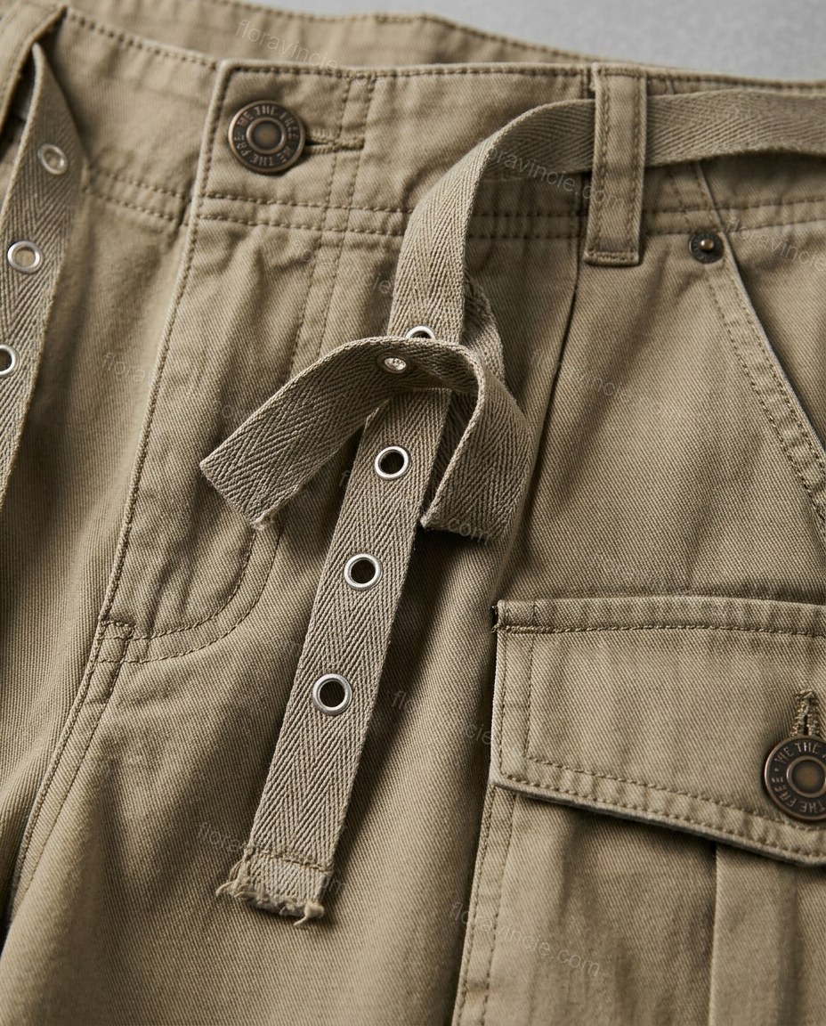 Khaki Cotton Pants, close-up of multiple pockets, drawstring waist and wide-leg, by Floravincie