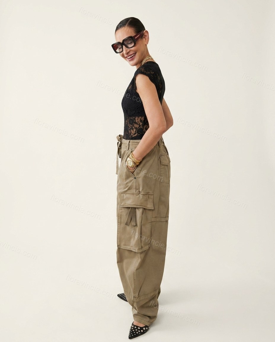 Khaki Cotton Pants, side and back studio view showing no distinct features visible, by Floravincie