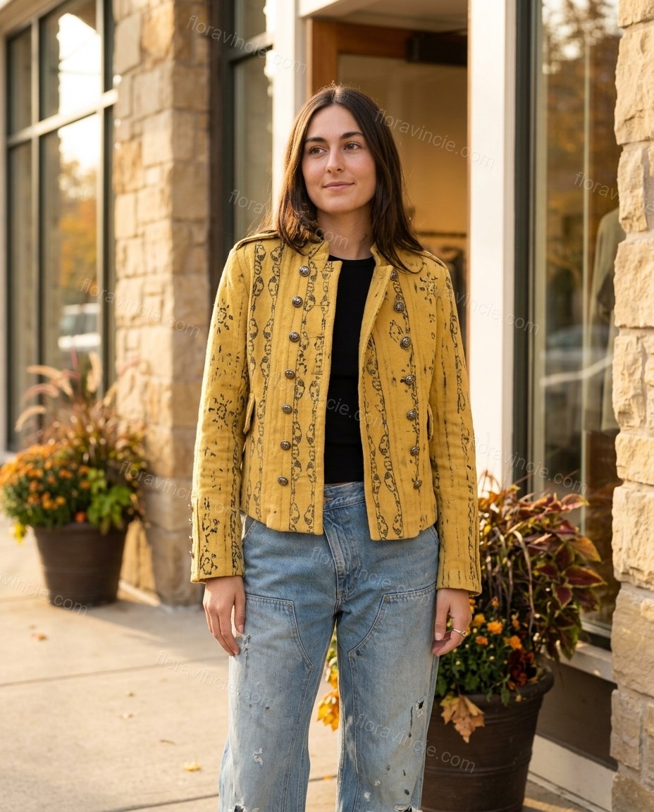Yellow Abstract Outerwear, three-quarter brand lifestyle view, by Floravincie