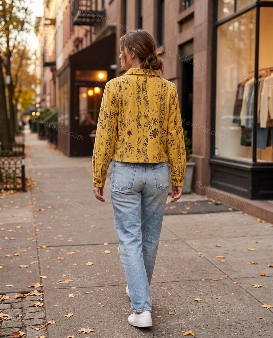 Yellow Abstract Outerwear, movement and fit lifestyle view, by Floravincie