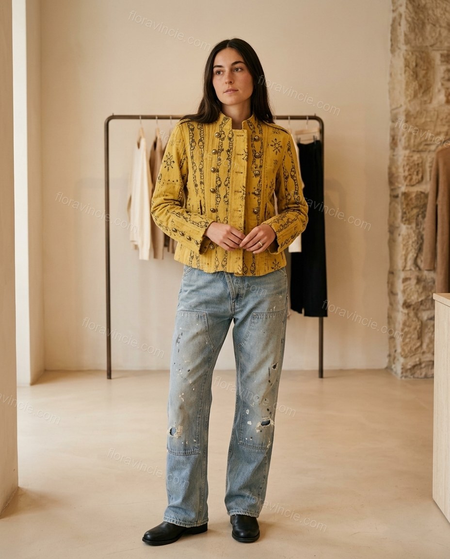 Yellow Abstract Outerwear, full-length hero view, by Floravincie