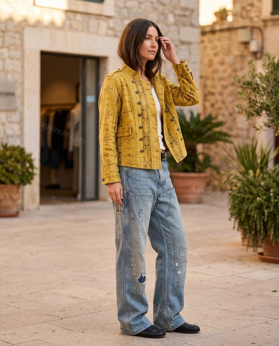 Yellow Abstract Outerwear, walking lifestyle view, by Floravincie