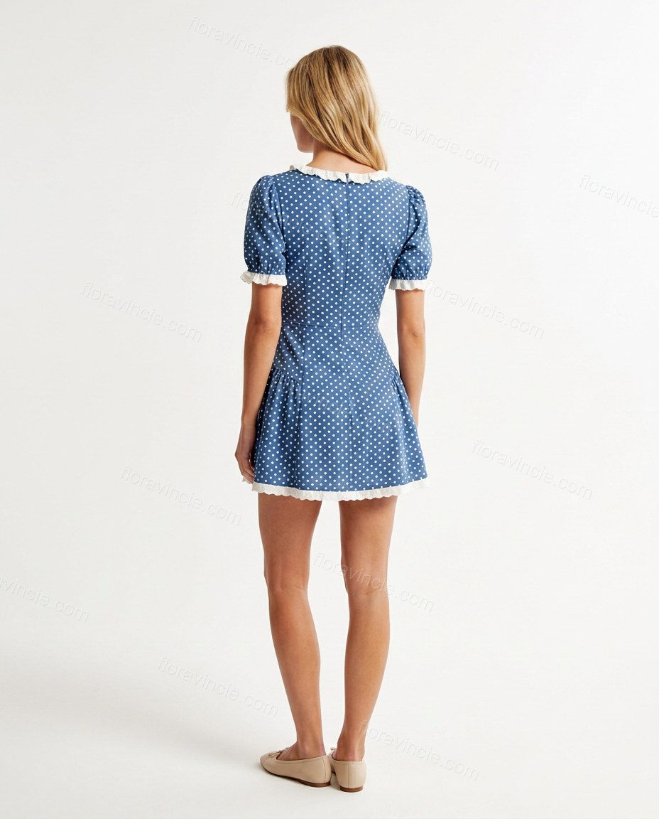 Blue Polka Dot Mini Ruffled Dress, back studio view, by Floravincie