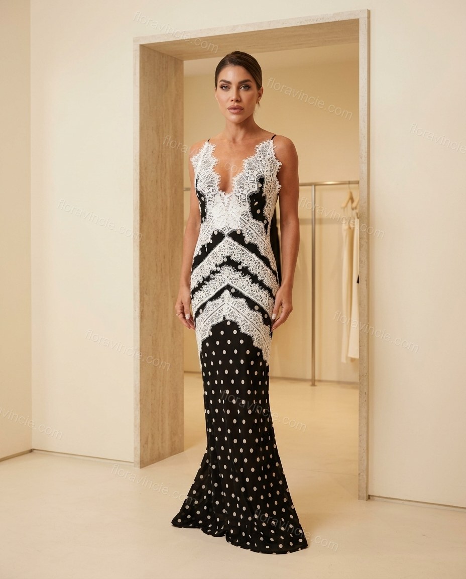 Black Polka Dot Maxi Open-Back Dress, full-length hero view, by Floravincie