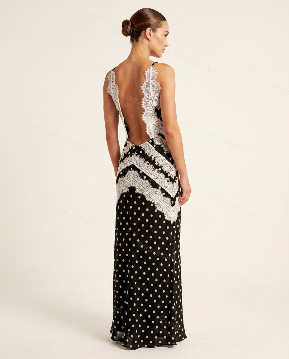 Black Polka Dot Maxi Open-Back Dress, back studio view showing open back with lace trim, by Floravincie
