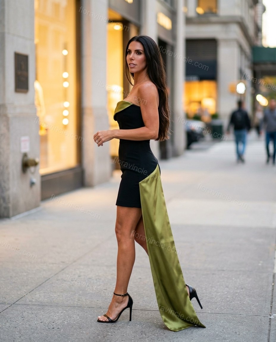 Black Mini Strapless Asymmetric Dress, walking lifestyle view, by Floravincie
