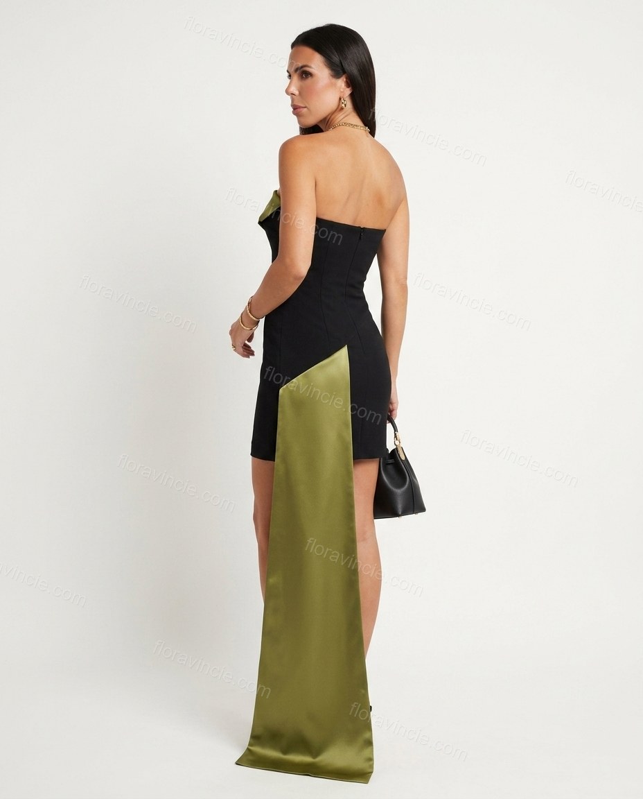 Black Mini Strapless Asymmetric Dress, back studio view showing long green train attached at the back, by Floravincie