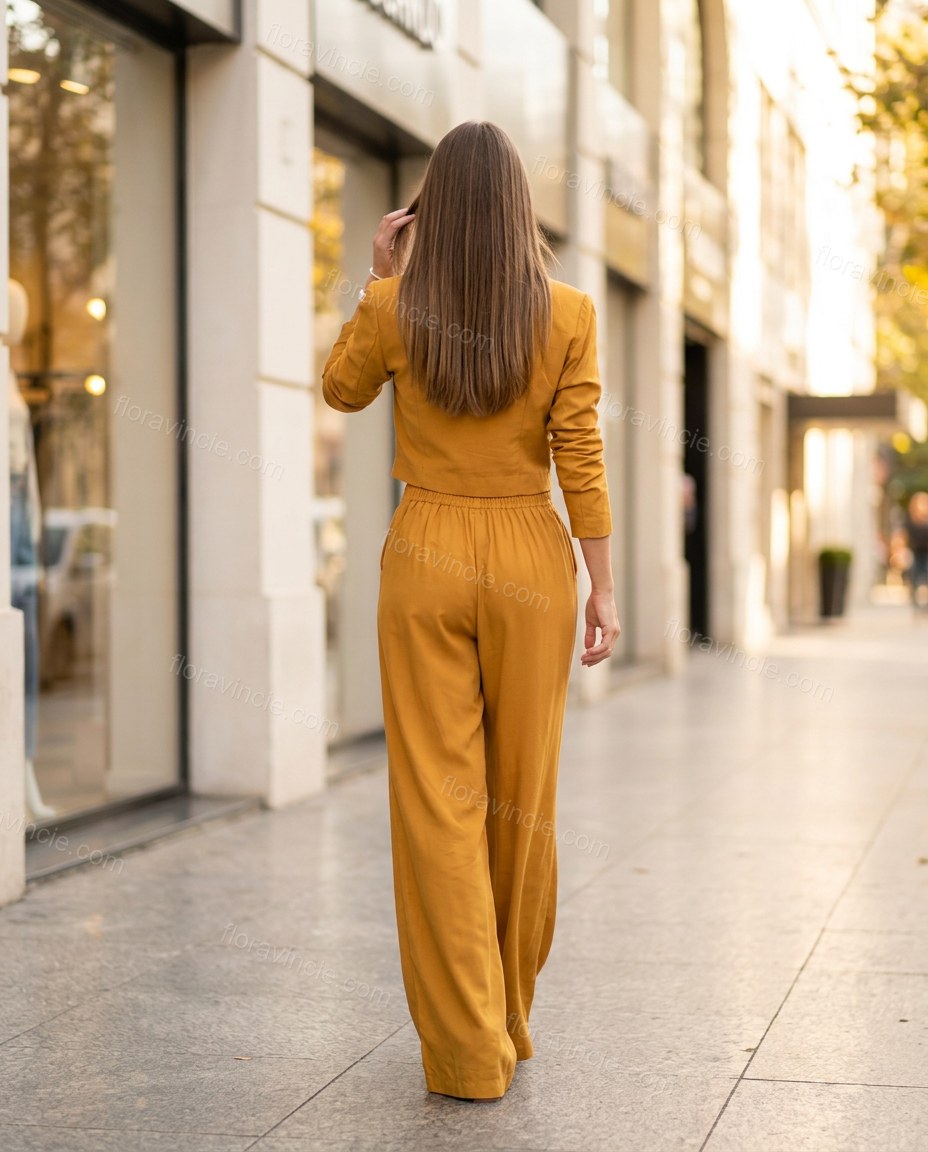 Mustard Yellow Pants Set, movement and fit lifestyle view, by Floravincie