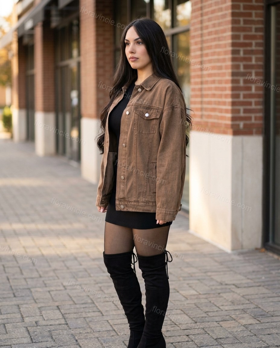 Brown Jacket, three-quarter brand lifestyle view, by Floravincie