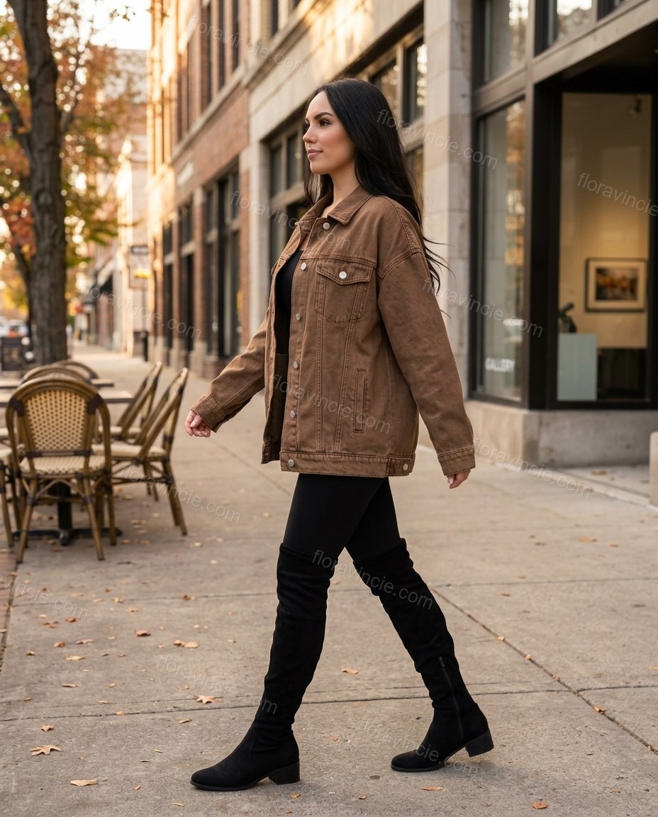 Brown Jacket, movement and fit lifestyle view, by Floravincie