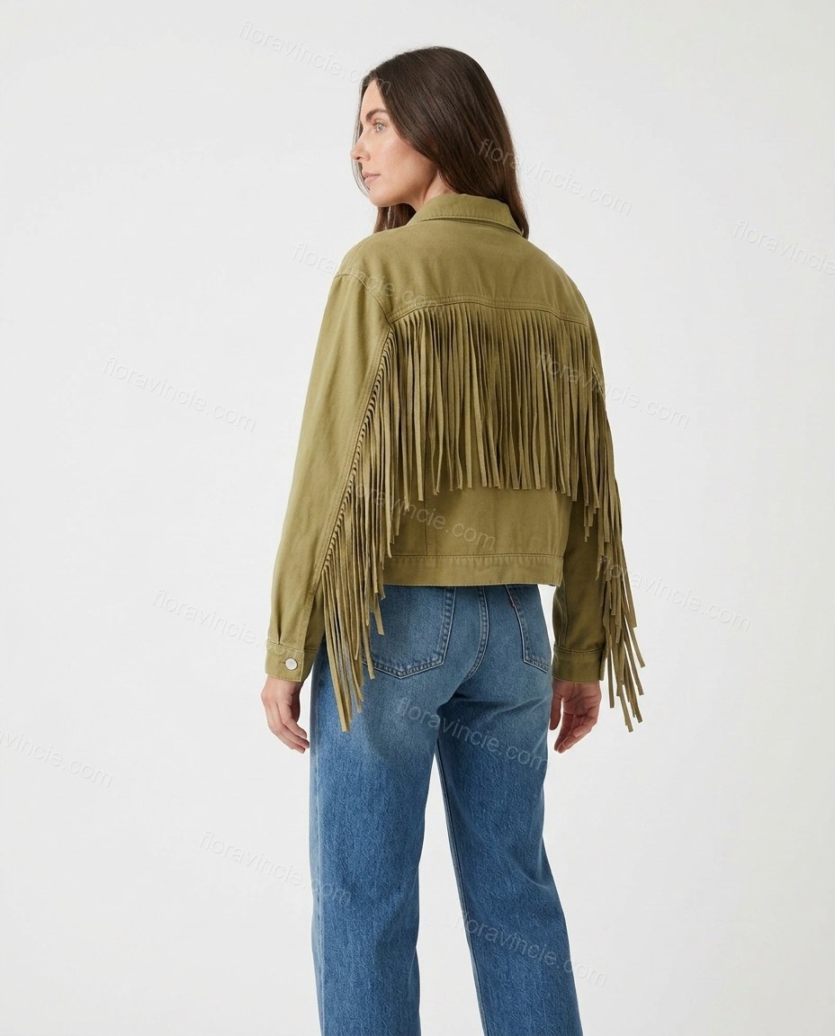 Olive Green Fringe Denim Jacket, back studio view, by Floravincie
