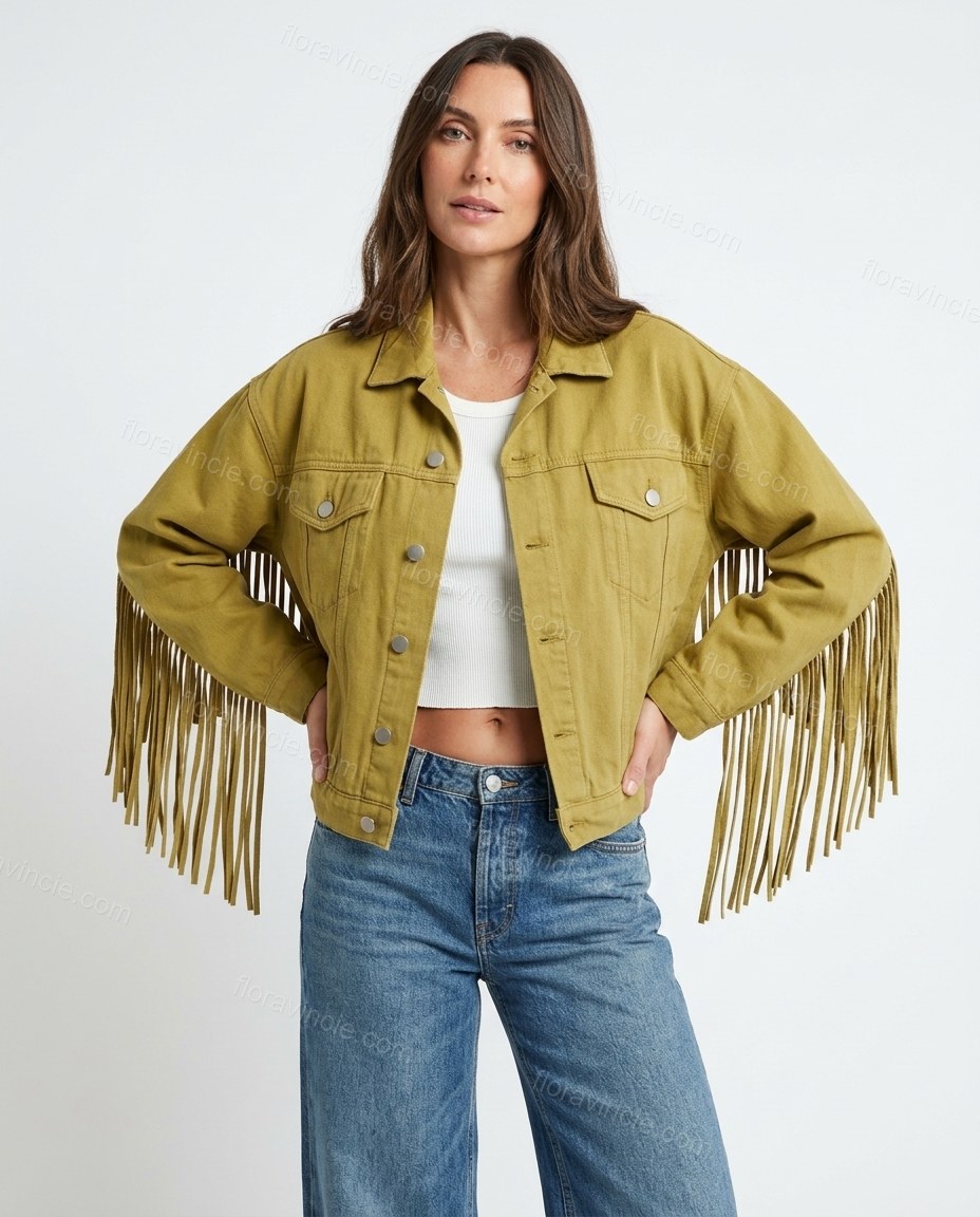 Olive Green Fringe Denim Jacket, front studio view, by Floravincie