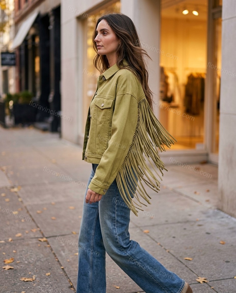 Olive Green Fringe Denim Jacket, alternate use-case lifestyle view, by Floravincie