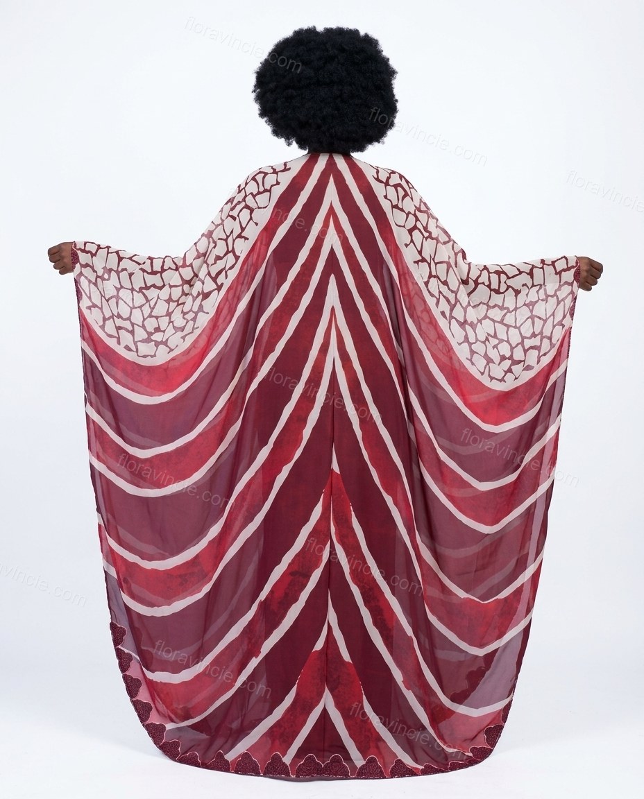 Deep Burgundy Red Geometric Maxi Cape Dress, back studio view, by Floravincie