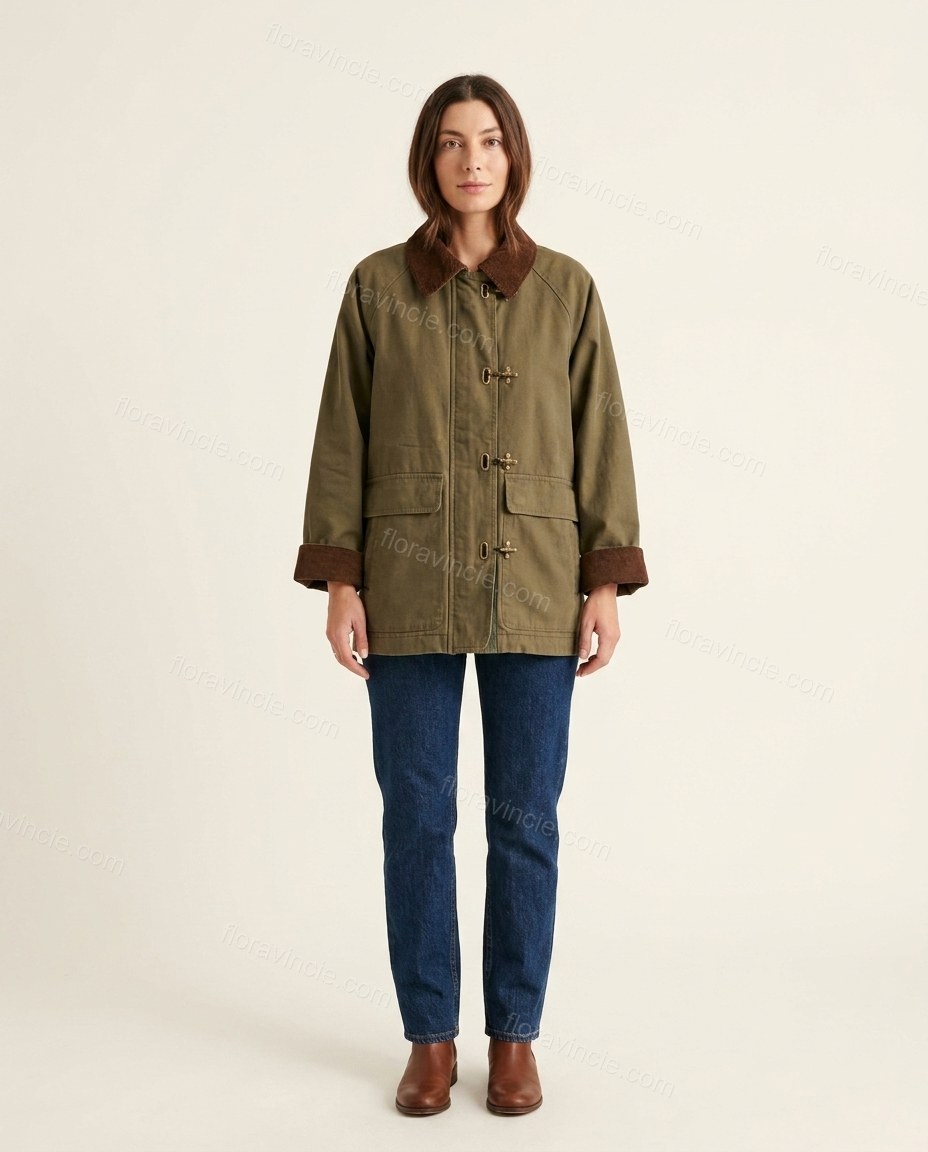 Olive Green Corduroy Jacket, front studio view, by Floravincie