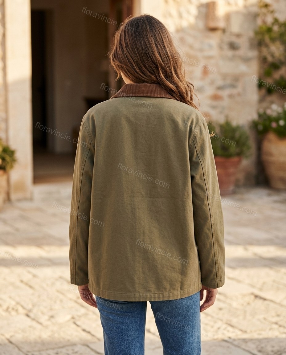 Olive Green Corduroy Jacket, walking lifestyle view, by Floravincie