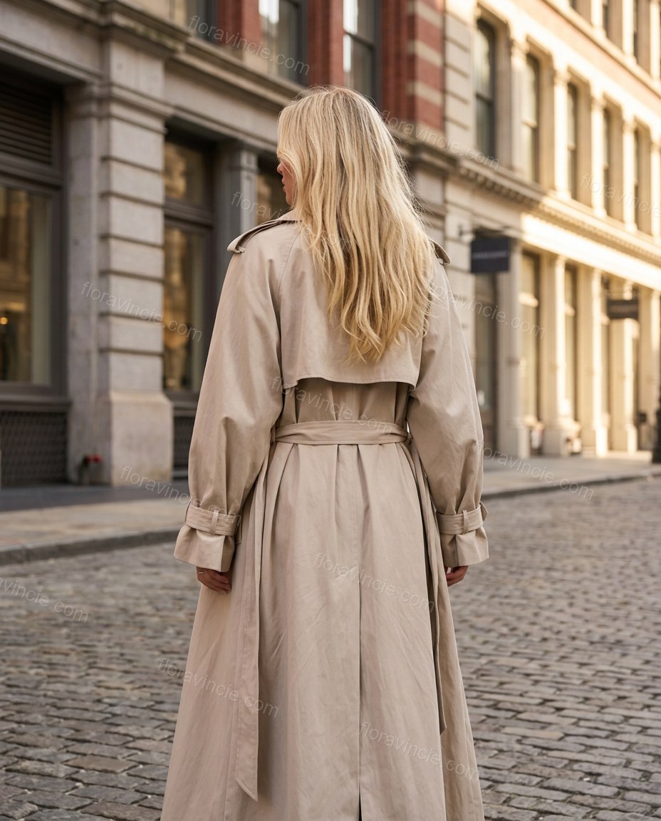 Beige Pleated Coat, alternate use-case lifestyle view, by Floravincie