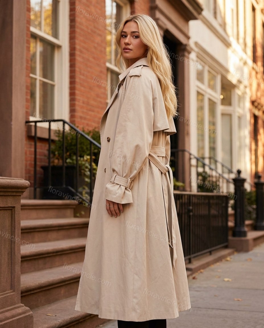 Beige Pleated Coat, three-quarter brand lifestyle view, by Floravincie